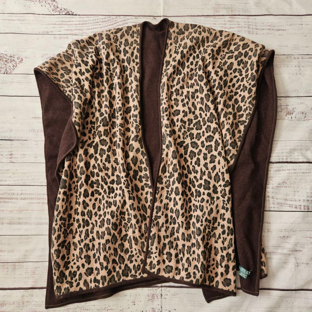 Y2K Lauren Ralph Lauren Long Line Wool Leopard Cheetah Shawl Cape OS Womens